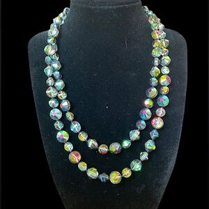 Vintage Aurora Borealis Faceted Crystal Bead Opera Length Necklace